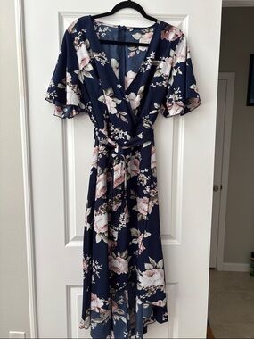 Women’s Plus Navy Floral Wrap Asymmetrical Midi Dress with Pink & Cream Blooms